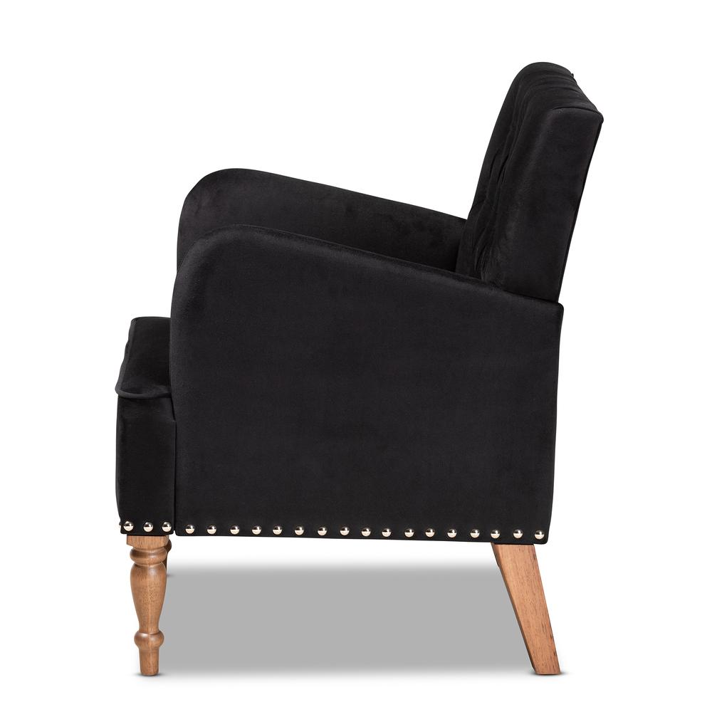 Glam and Luxe Black Velvet Upholstered and Walnut Brown Finished Wood Armchair. Picture 12