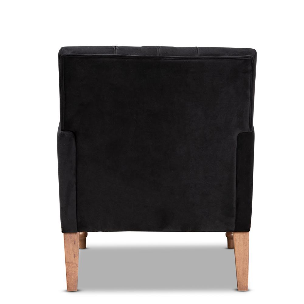 Glam and Luxe Black Velvet Upholstered and Walnut Brown Finished Wood Armchair. Picture 13