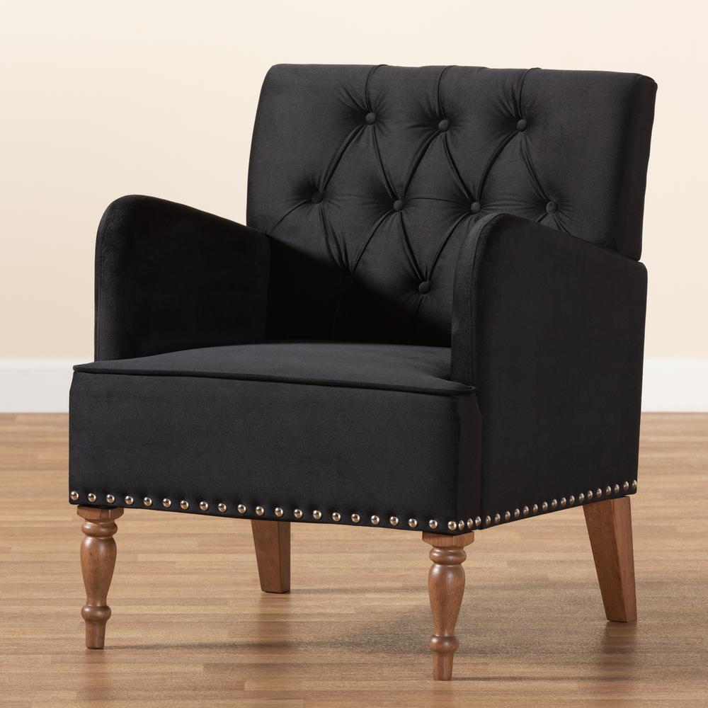 Glam and Luxe Black Velvet Upholstered and Walnut Brown Finished Wood Armchair. Picture 17