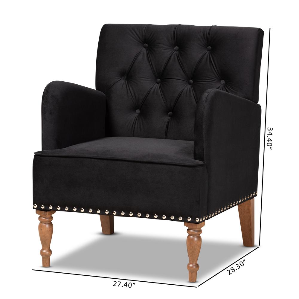 Glam and Luxe Black Velvet Upholstered and Walnut Brown Finished Wood Armchair. Picture 18