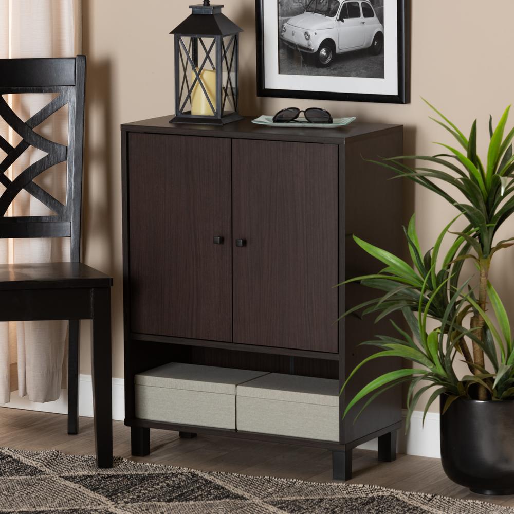 Dark Brown Finished Wood 2-Door Entryway Shoe Storage Cabinet with Bottom Shelf. Picture 18
