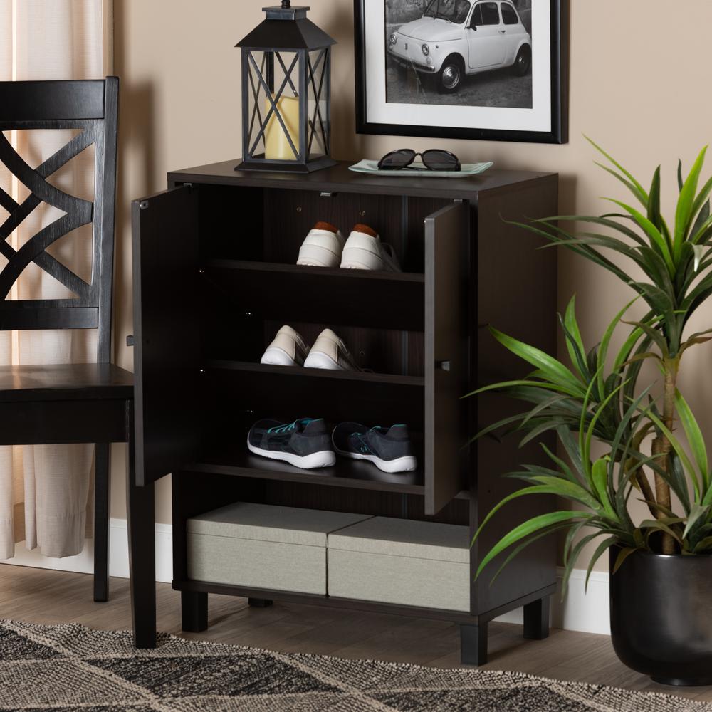 Dark Brown Finished Wood 2-Door Entryway Shoe Storage Cabinet with Bottom Shelf. Picture 19