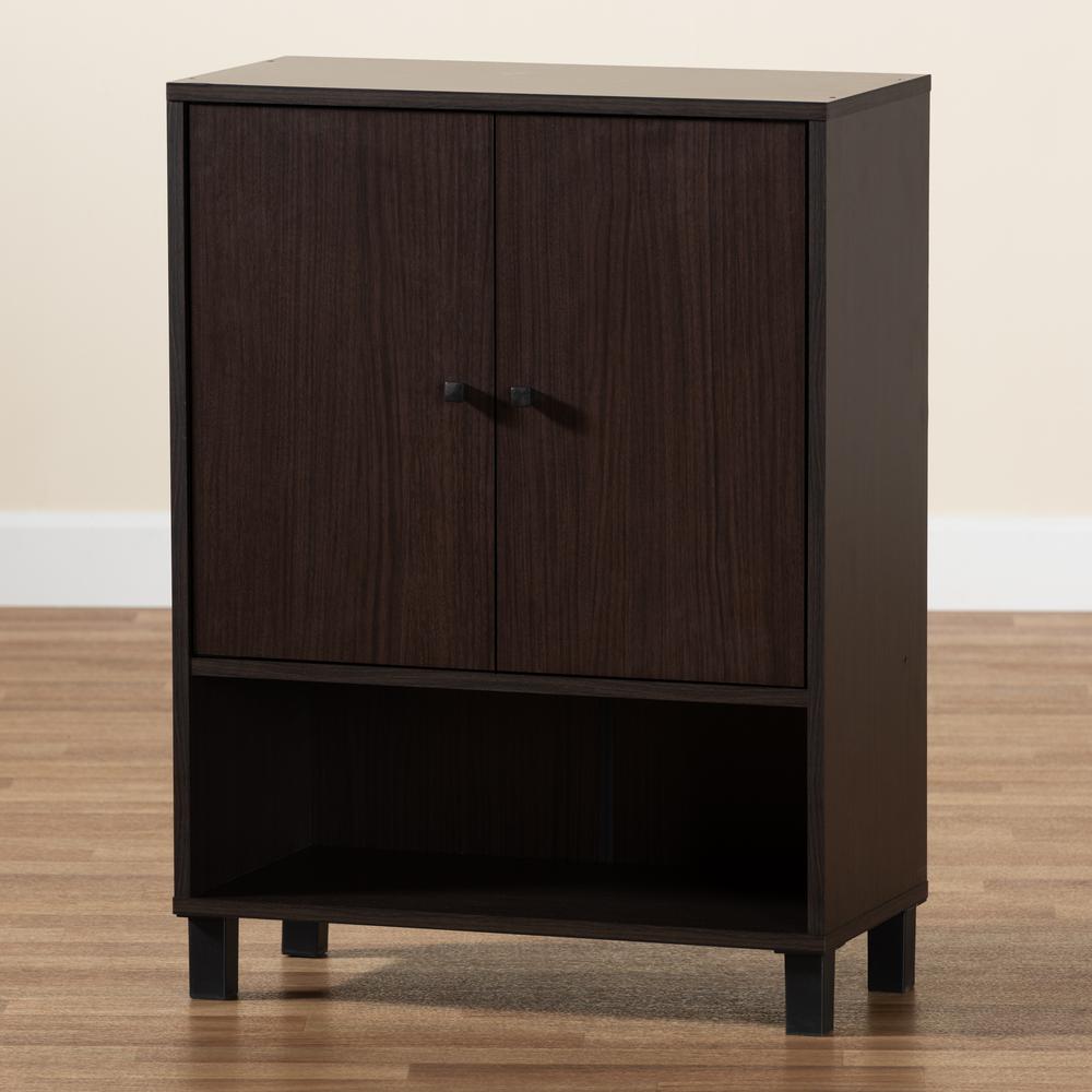 Dark Brown Finished Wood 2-Door Entryway Shoe Storage Cabinet with Bottom Shelf. Picture 20