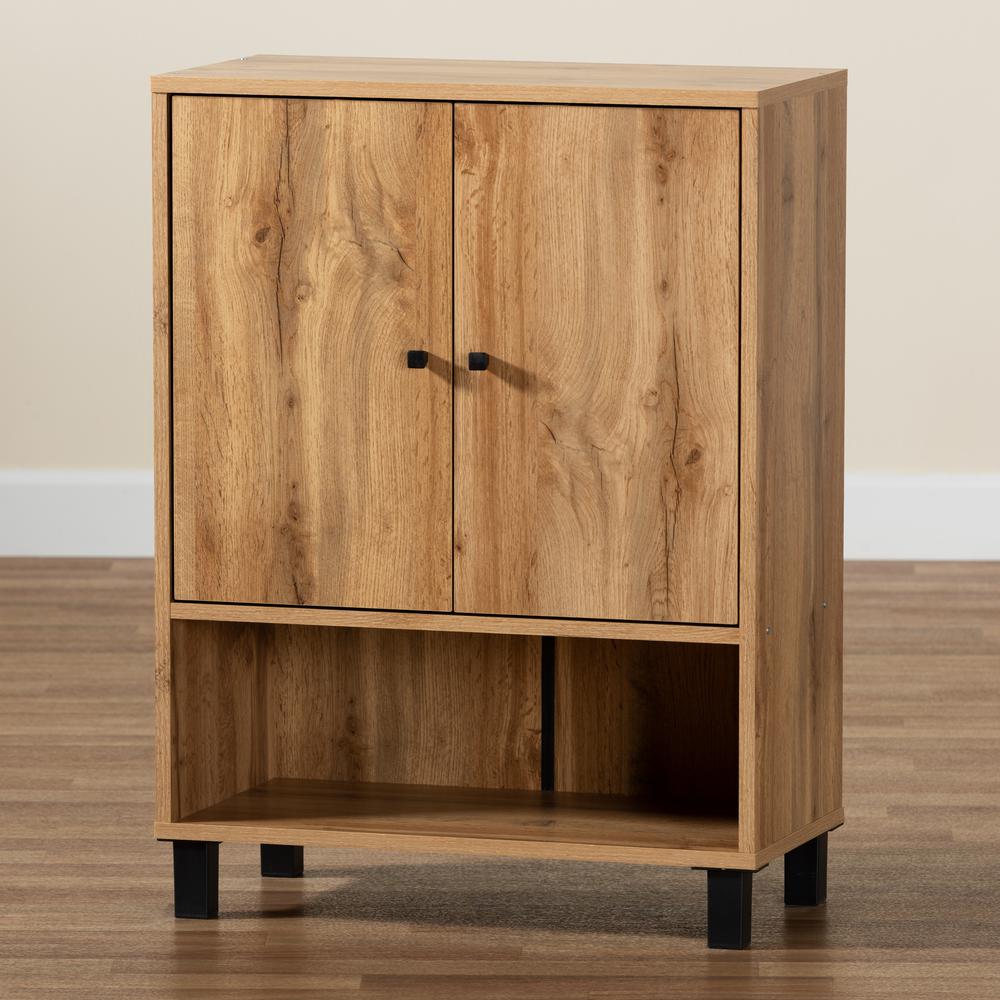 Oak Brown Finished Wood 2-Door Entryway Shoe Storage Cabinet with Bottom Shelf. Picture 20
