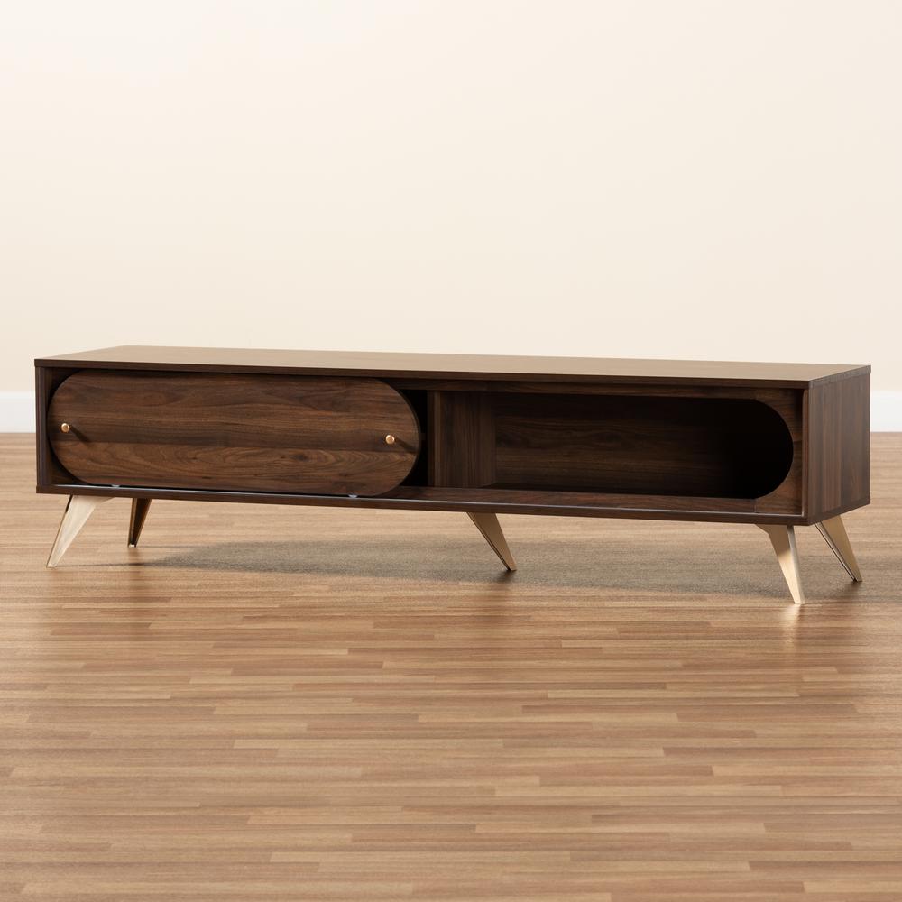 Dena Mid-Century Modern Walnut Brown Wood and Gold Finished TV Stand. Picture 19