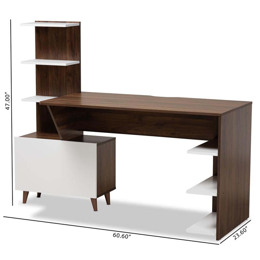 Two-Tone White and Walnut Brown Finished Wood Storage Computer Desk with Shelves. Picture 20