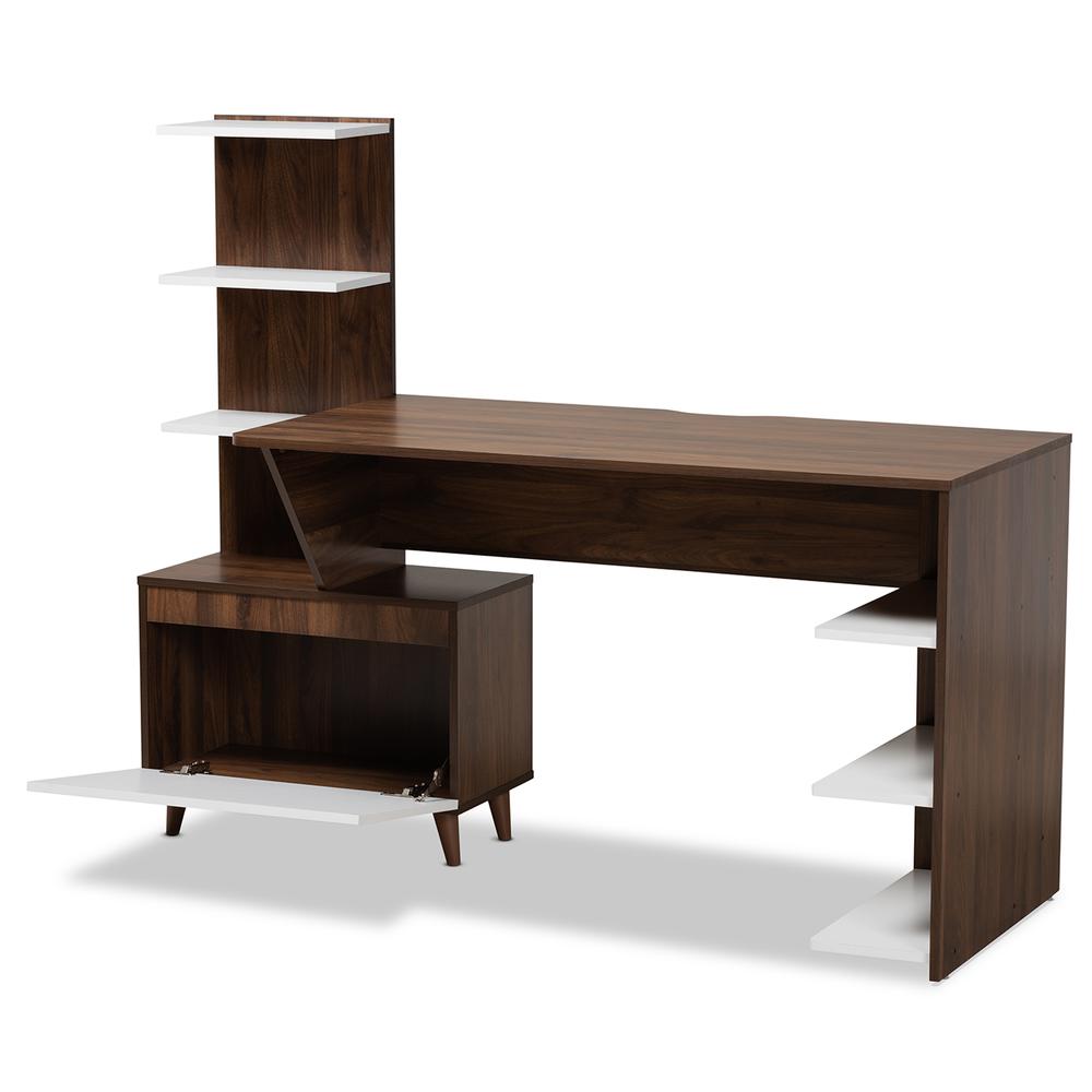 Two-Tone White and Walnut Brown Finished Wood Storage Computer Desk with Shelves. Picture 12