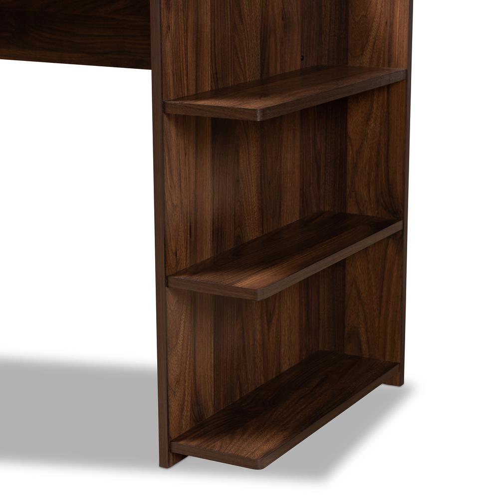 Garnet Modern and Contemporary Walnut Brown Finished Wood Desk with Shelves. Picture 12