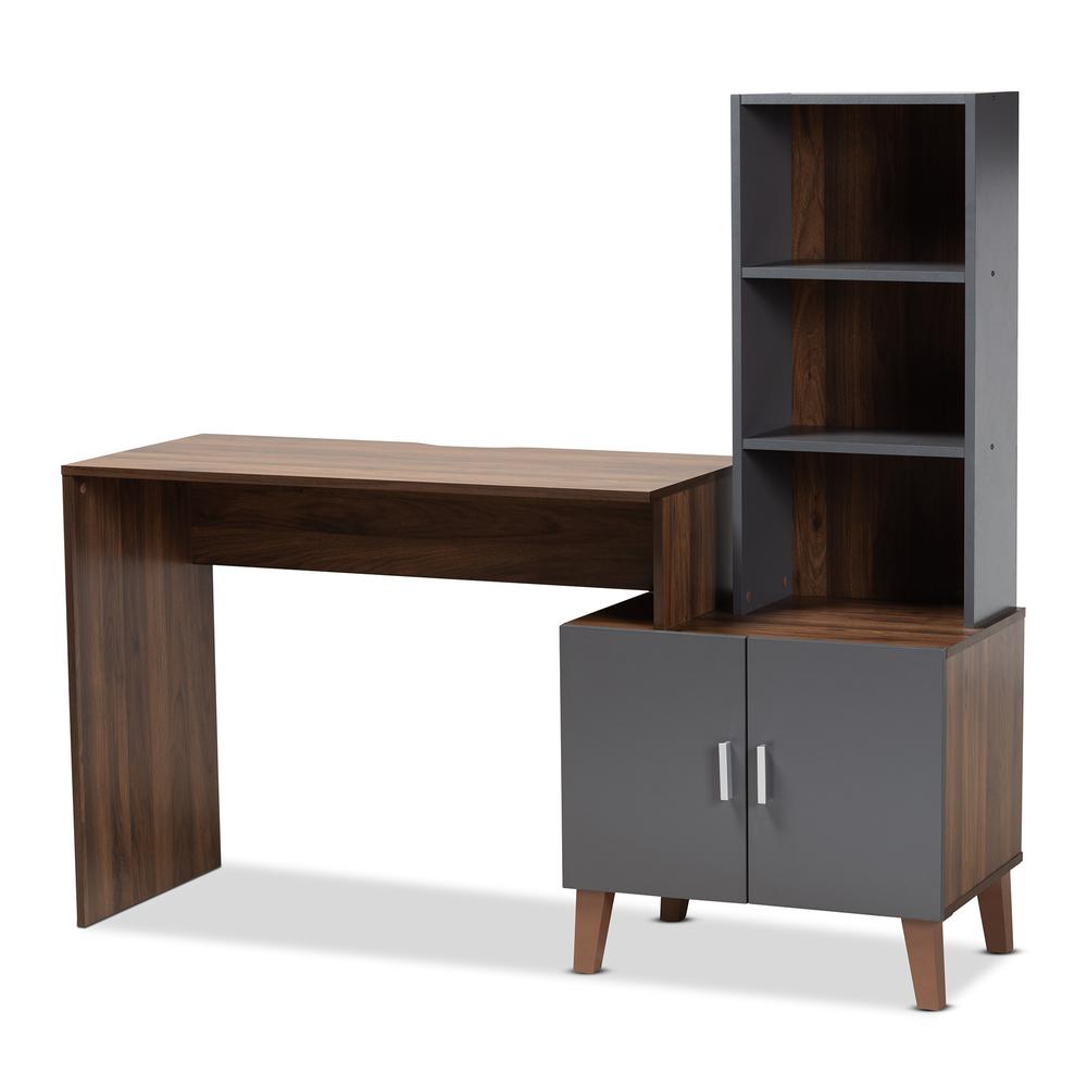 Two-Tone Walnut Brown and Dark Grey Finished Wood Storage Desk with Shelves. Picture 11
