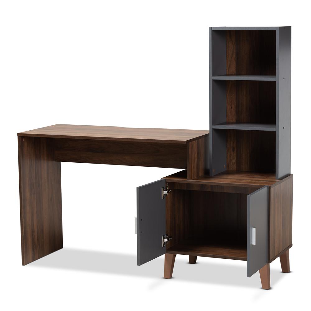 Two-Tone Walnut Brown and Dark Grey Finished Wood Storage Desk with Shelves. Picture 12