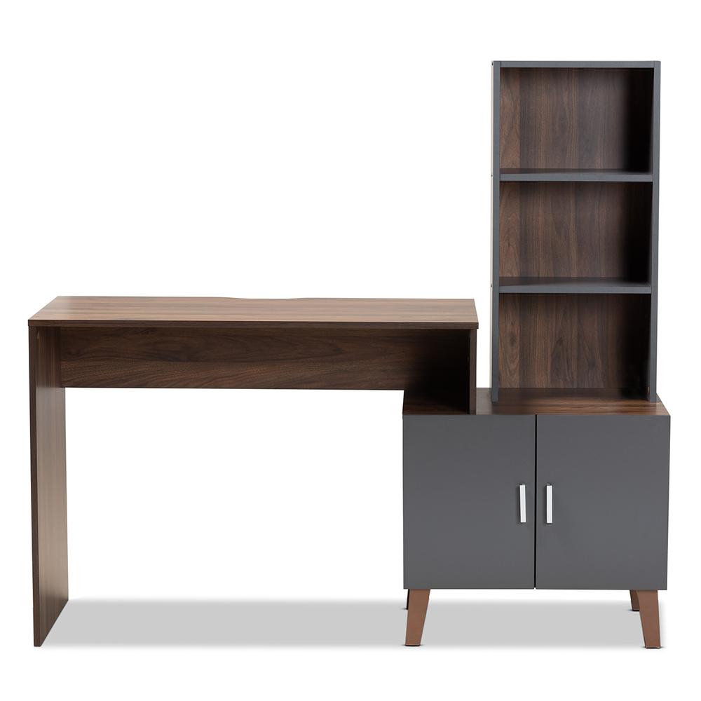 Two-Tone Walnut Brown and Dark Grey Finished Wood Storage Desk with Shelves. Picture 13