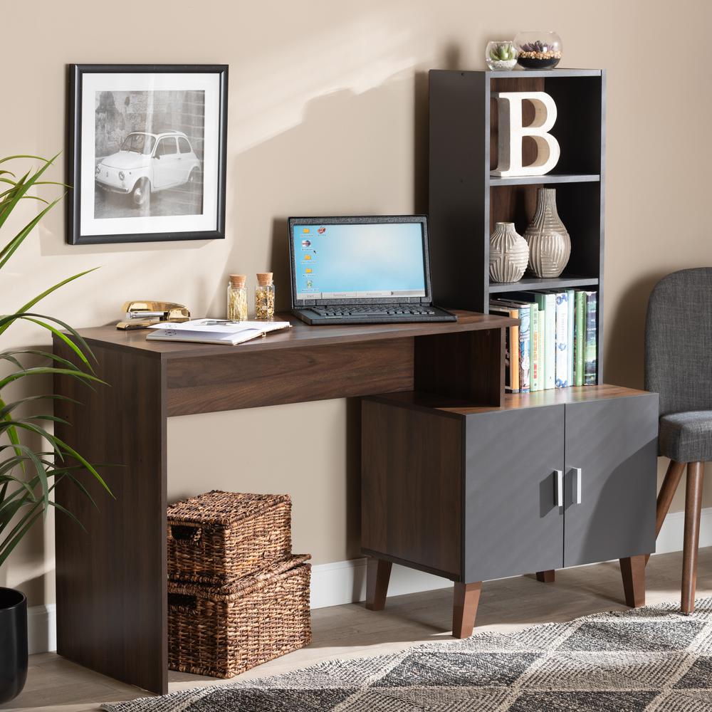 Two-Tone Walnut Brown and Dark Grey Finished Wood Storage Desk with Shelves. Picture 17