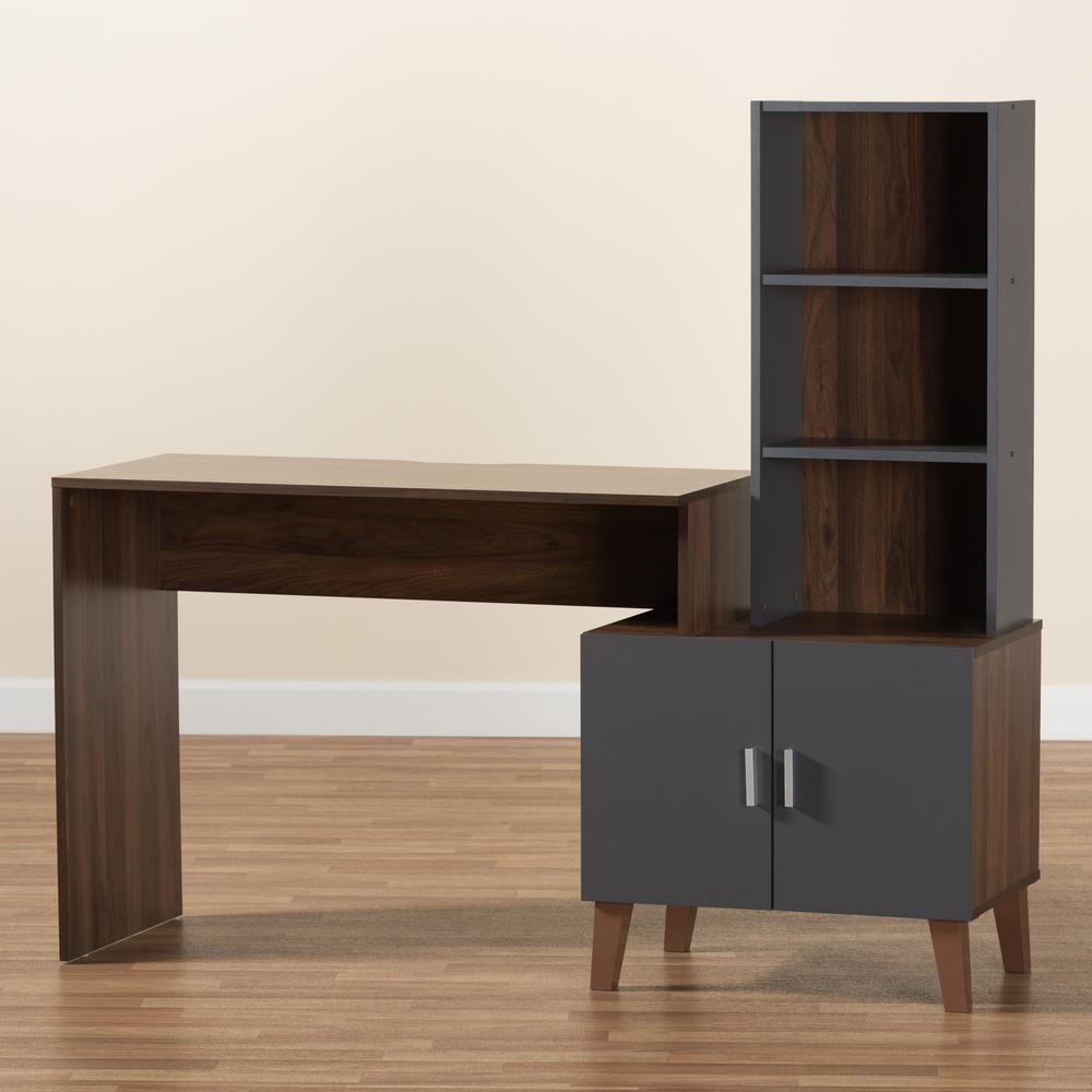 Two-Tone Walnut Brown and Dark Grey Finished Wood Storage Desk with Shelves. Picture 18