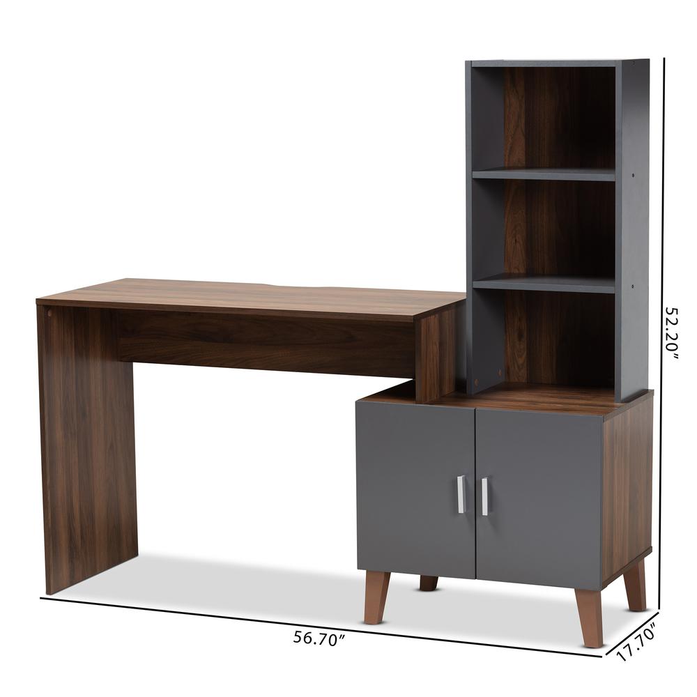 Two-Tone Walnut Brown and Dark Grey Finished Wood Storage Desk with Shelves. Picture 19