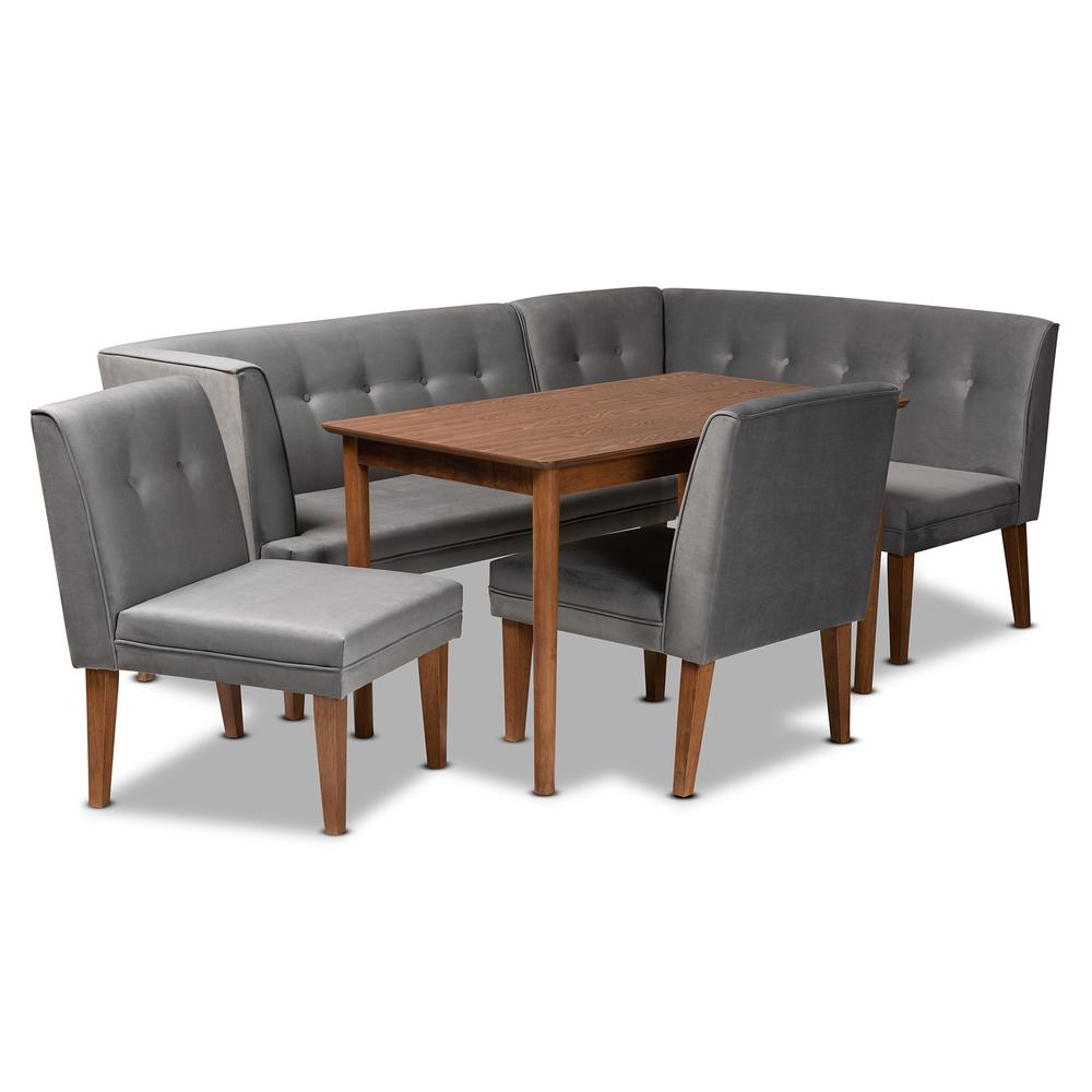 Grey Velvet Upholstered and Walnut Brown Finished Wood 5-Piece Dining Set. Picture 14