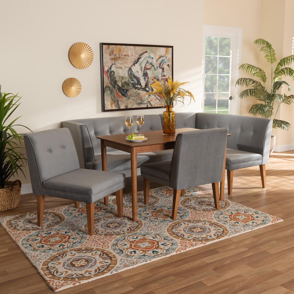 Grey Velvet Upholstered and Walnut Brown Finished Wood 5-Piece Dining Set. Picture 24
