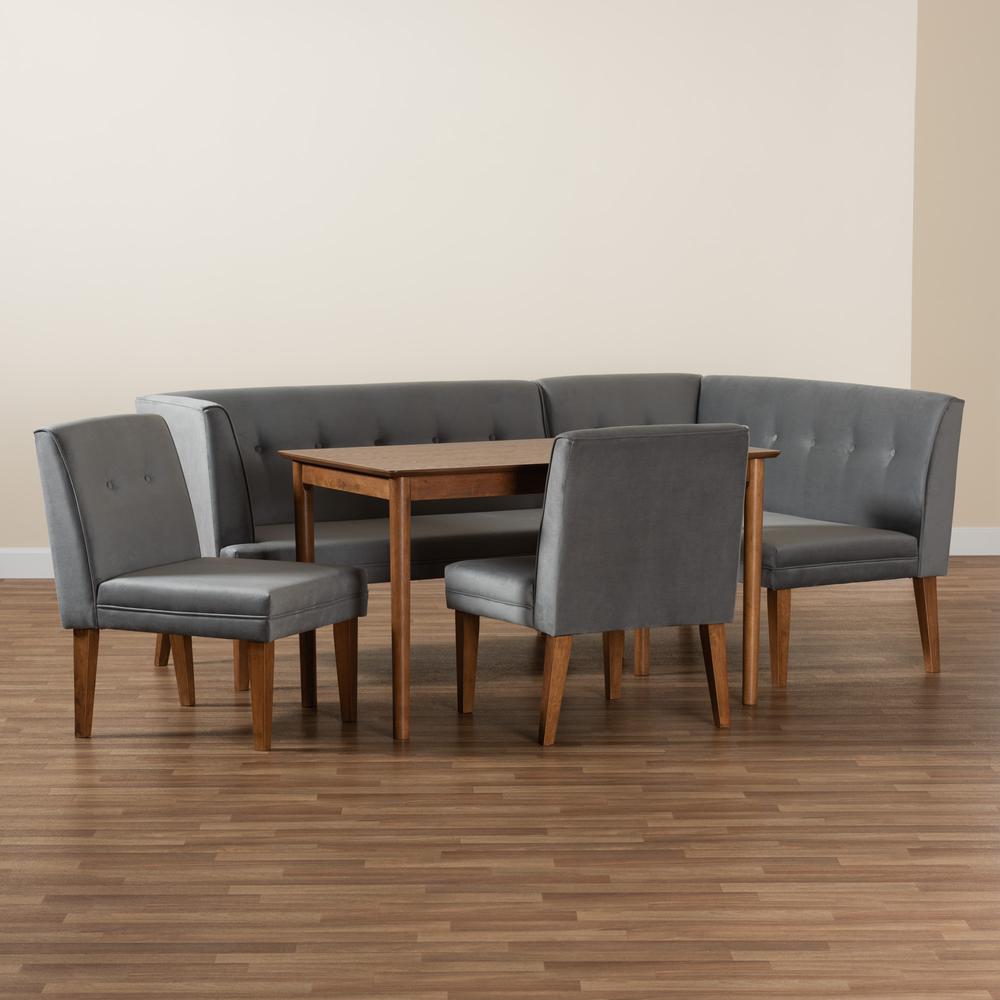 Grey Velvet Upholstered and Walnut Brown Finished Wood 5-Piece Dining Set. Picture 25