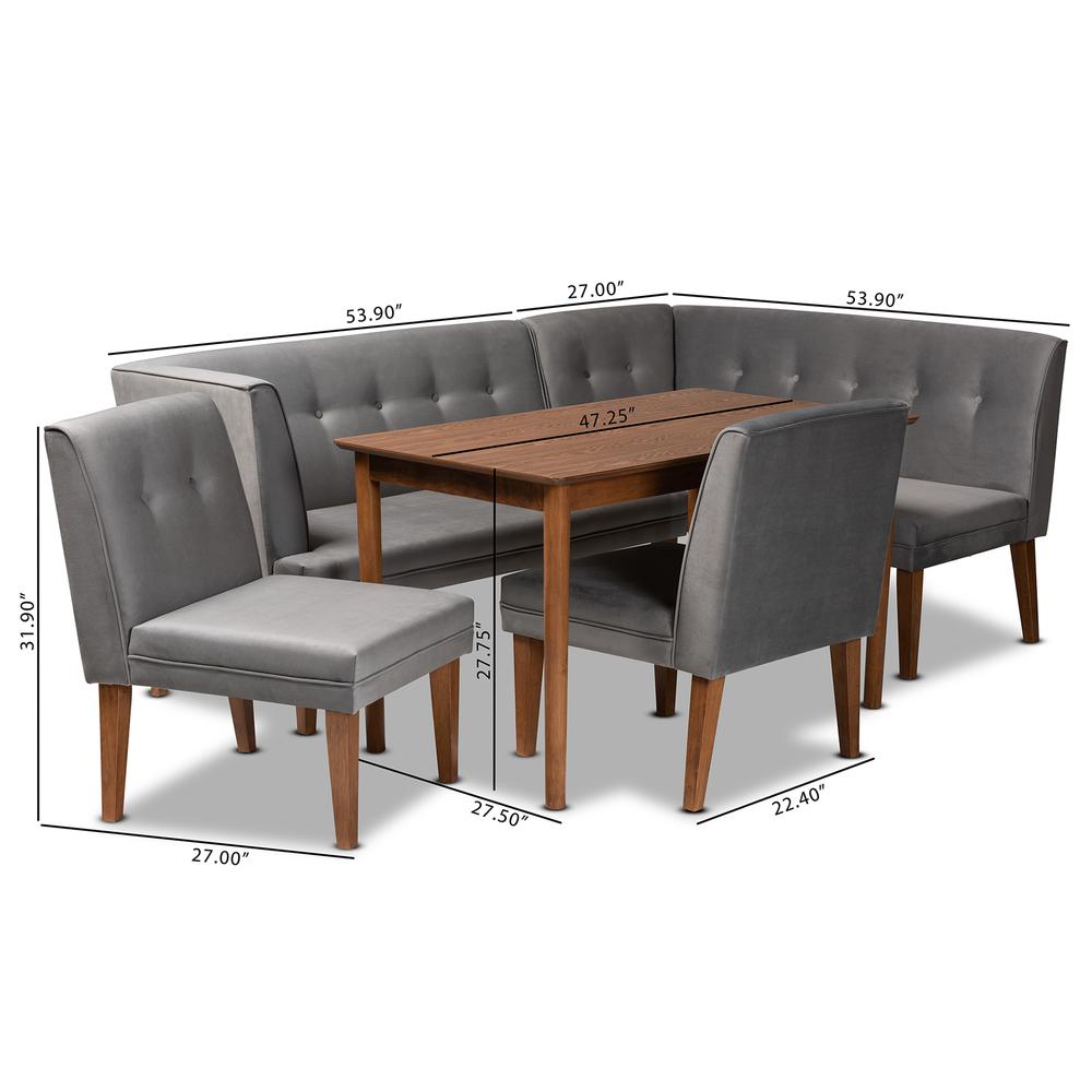 Grey Velvet Upholstered and Walnut Brown Finished Wood 5-Piece Dining Set. Picture 26
