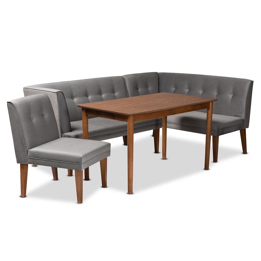 Grey Velvet Upholstered and Walnut Brown Finished Wood 4-Piece Dining Nook Set. Picture 13