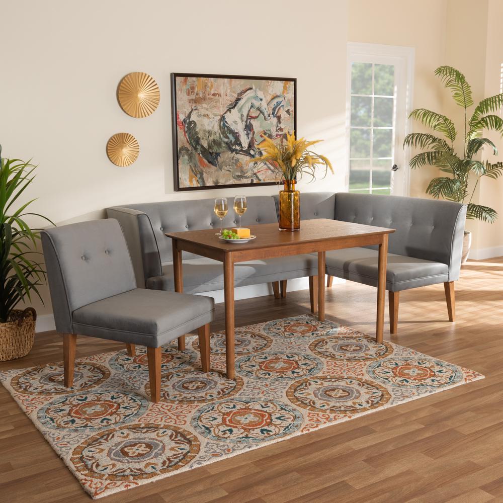Grey Velvet Upholstered and Walnut Brown Finished Wood 4-Piece Dining Nook Set. Picture 22