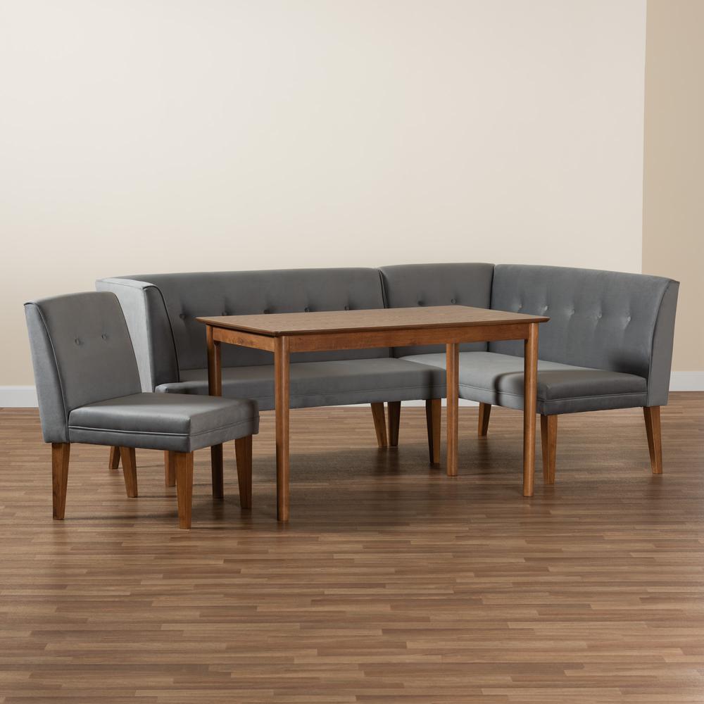 Grey Velvet Upholstered and Walnut Brown Finished Wood 4-Piece Dining Nook Set. Picture 23