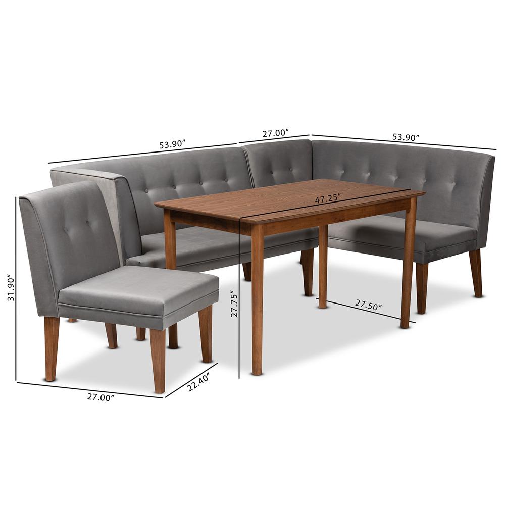 Grey Velvet Upholstered and Walnut Brown Finished Wood 4-Piece Dining Nook Set. Picture 24