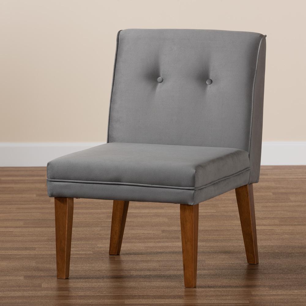 Grey Velvet Upholstered and Walnut Brown Finished Wood Dining Chair. Picture 19