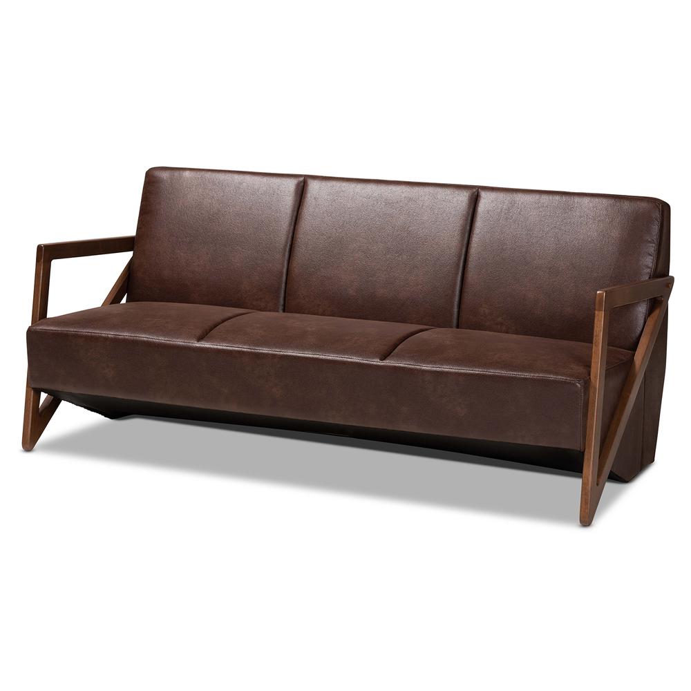 Leather Effect Fabric Upholstered and Walnut Brown Finished Wood Sofa. Picture 11