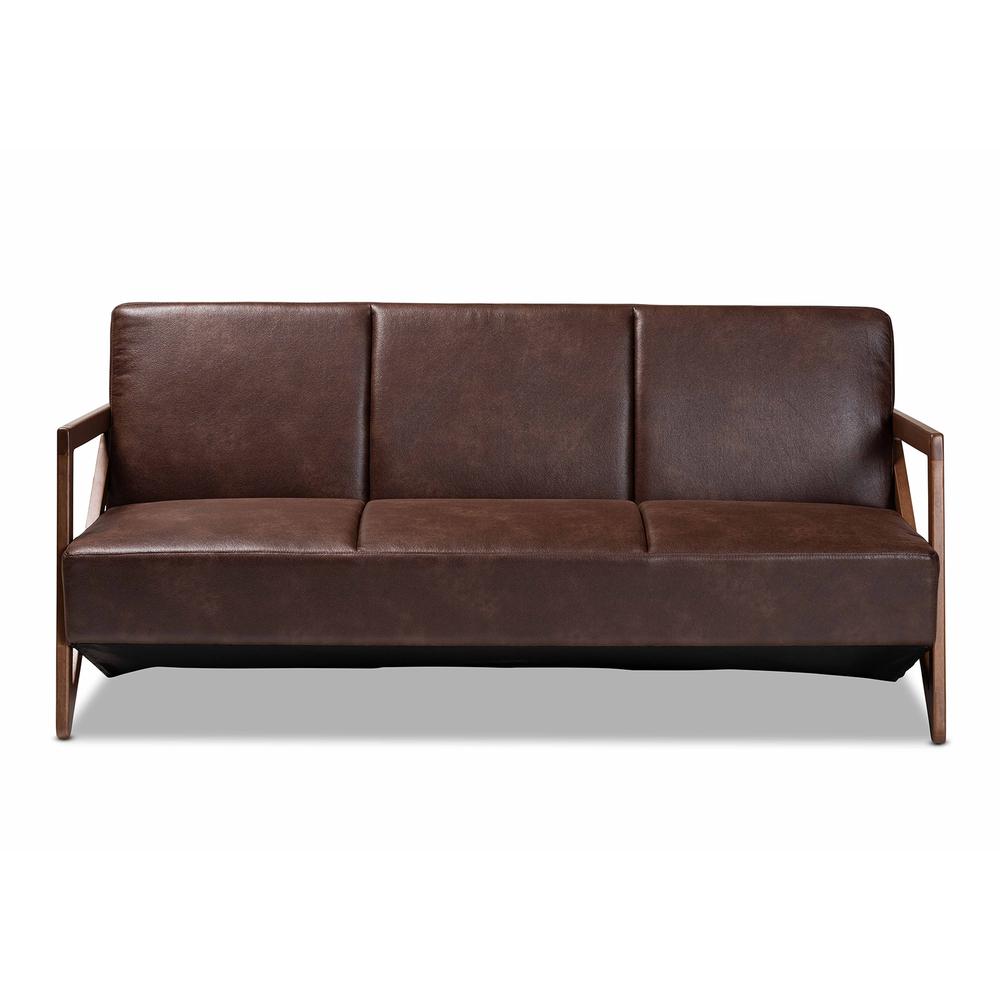 Leather Effect Fabric Upholstered and Walnut Brown Finished Wood Sofa. Picture 12