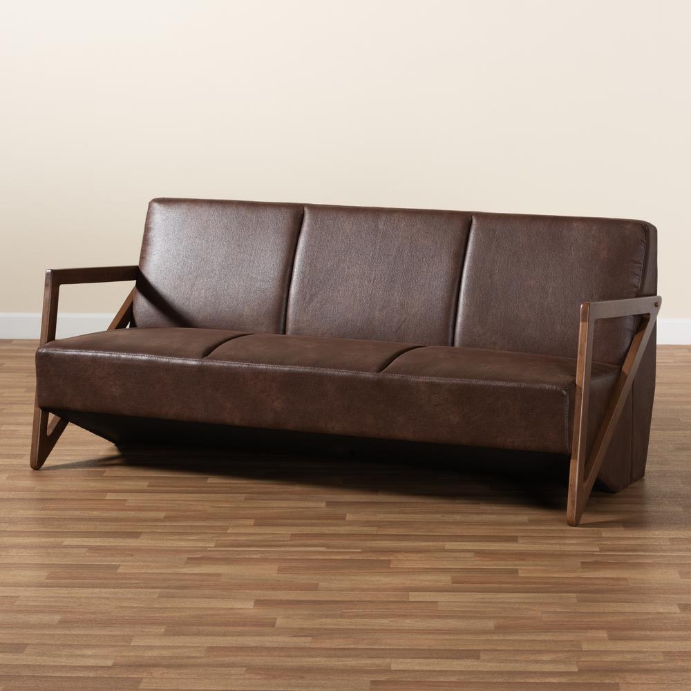 Leather Effect Fabric Upholstered and Walnut Brown Finished Wood Sofa. Picture 19