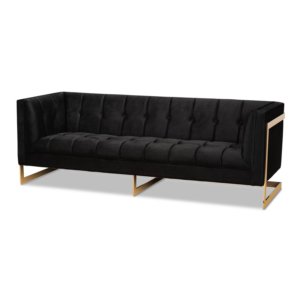 Baxton Studio Ambra Glam and Luxe Black Velvet Upholstered and Button Tufted Sofa with Gold-Tone Frame. Picture 13