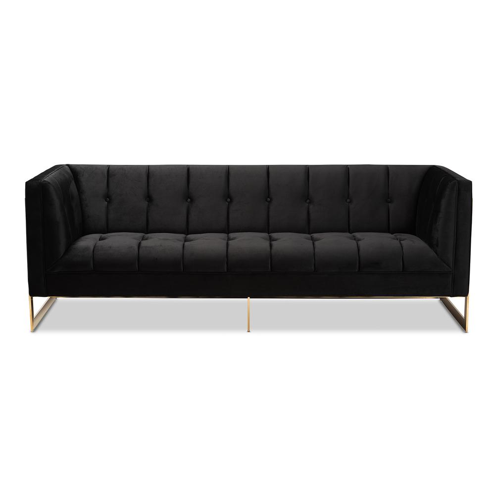 Baxton Studio Ambra Glam and Luxe Black Velvet Upholstered and Button Tufted Sofa with Gold-Tone Frame. Picture 14