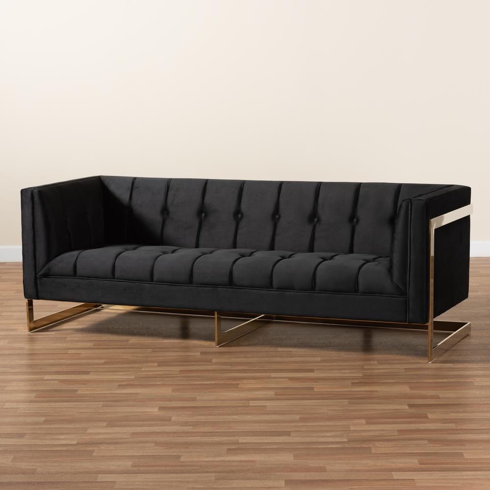 Baxton Studio Ambra Glam and Luxe Black Velvet Upholstered and Button Tufted Sofa with Gold-Tone Frame. Picture 21