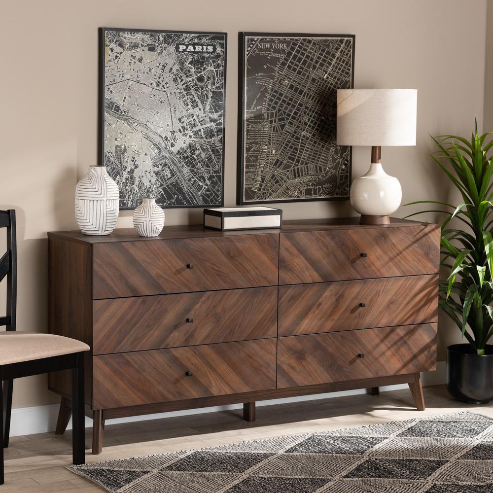 Hartman Mid-Century Modern Walnut Brown Finished Wood 6-Drawer Dresser. Picture 18