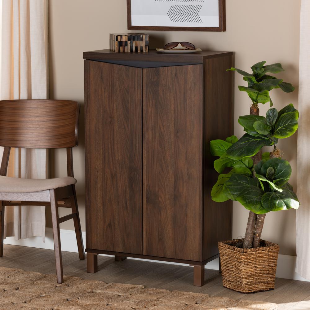Two-Tone Walnut Brown and Dark Grey Finished Wood 2-Door Shoe Storage Cabinet. Picture 19