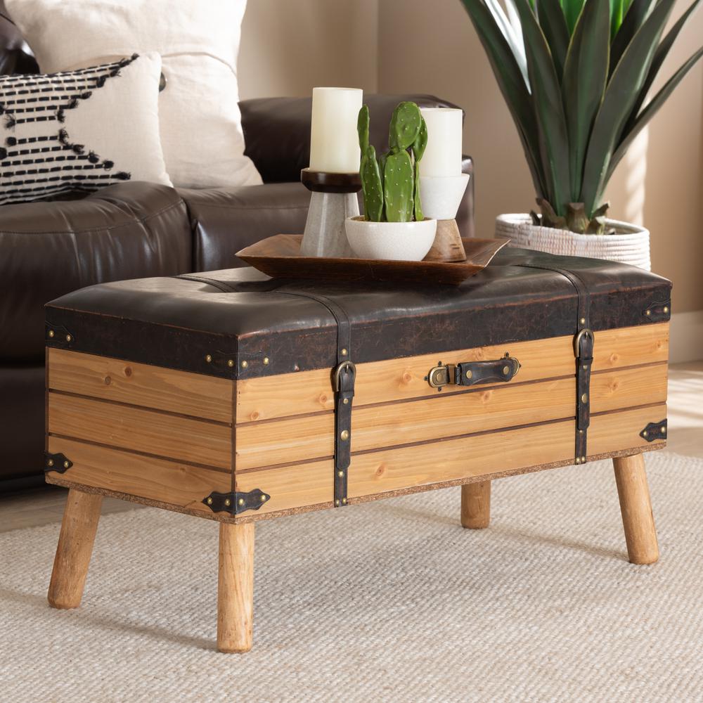 Dark Brown PU Leather Upholstered and Oak Finished Wood Large Storage Ottoman. Picture 21