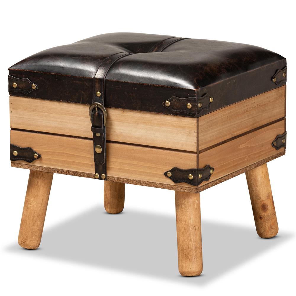 Dark Brown PU Leather Upholstered and Oak Finished Wood Small Storage Ottoman. Picture 12