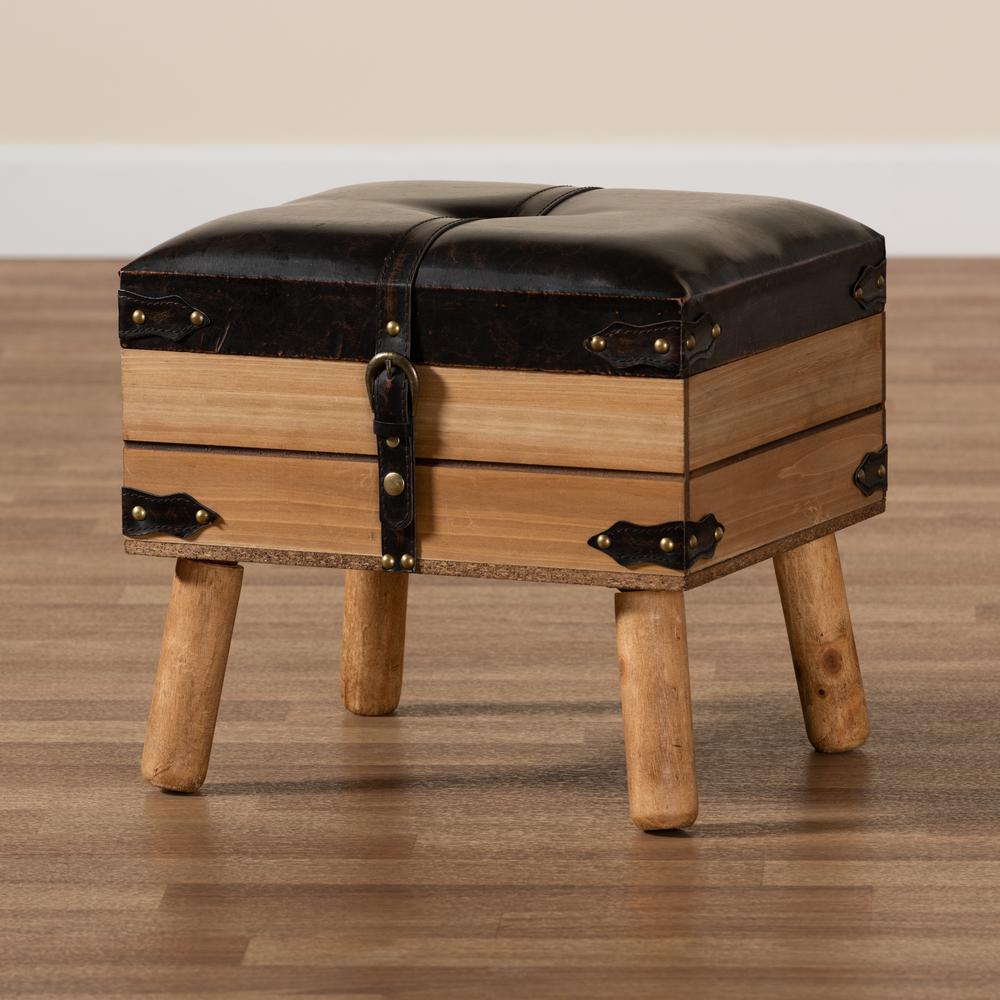 Dark Brown PU Leather Upholstered and Oak Finished Wood Small Storage Ottoman. Picture 21
