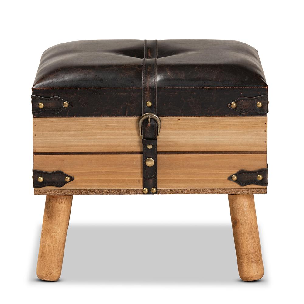Dark Brown PU Leather Upholstered and Oak Finished Wood Small Storage Ottoman. Picture 14