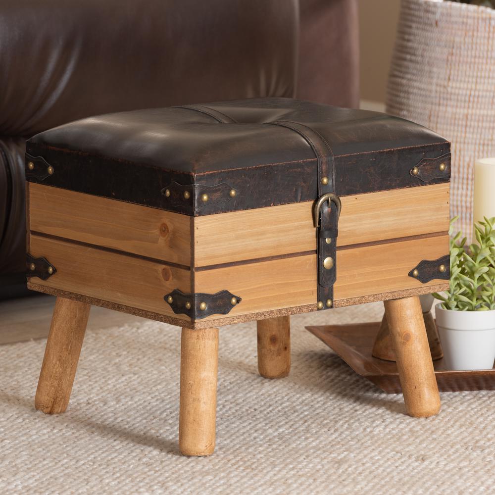 Dark Brown PU Leather Upholstered and Oak Finished Wood Small Storage Ottoman. Picture 19