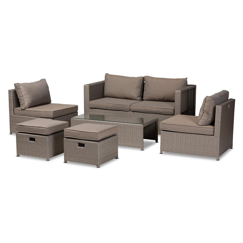 Grey Fabric Upholstered and Grey Finished Synthetic Rattan 6-Piece Patio Set. Picture 9