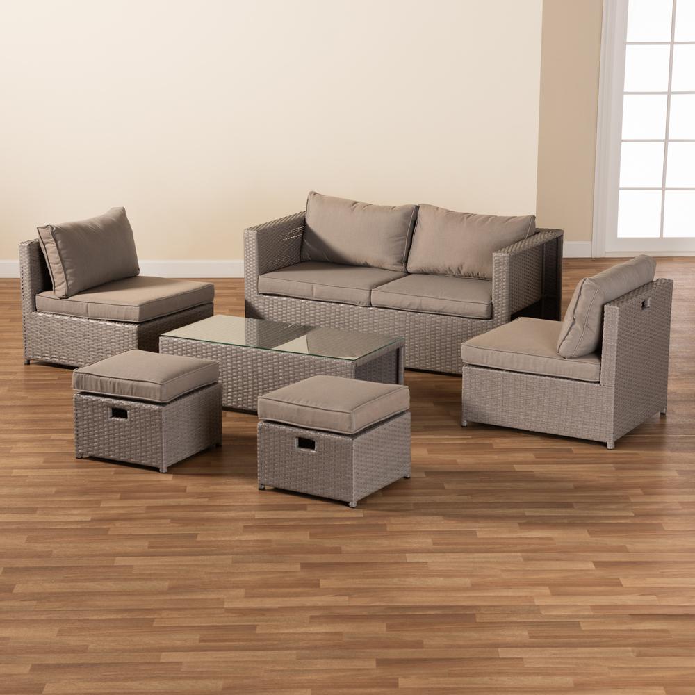 Grey Fabric Upholstered and Grey Finished Synthetic Rattan 6-Piece Patio Set. Picture 15