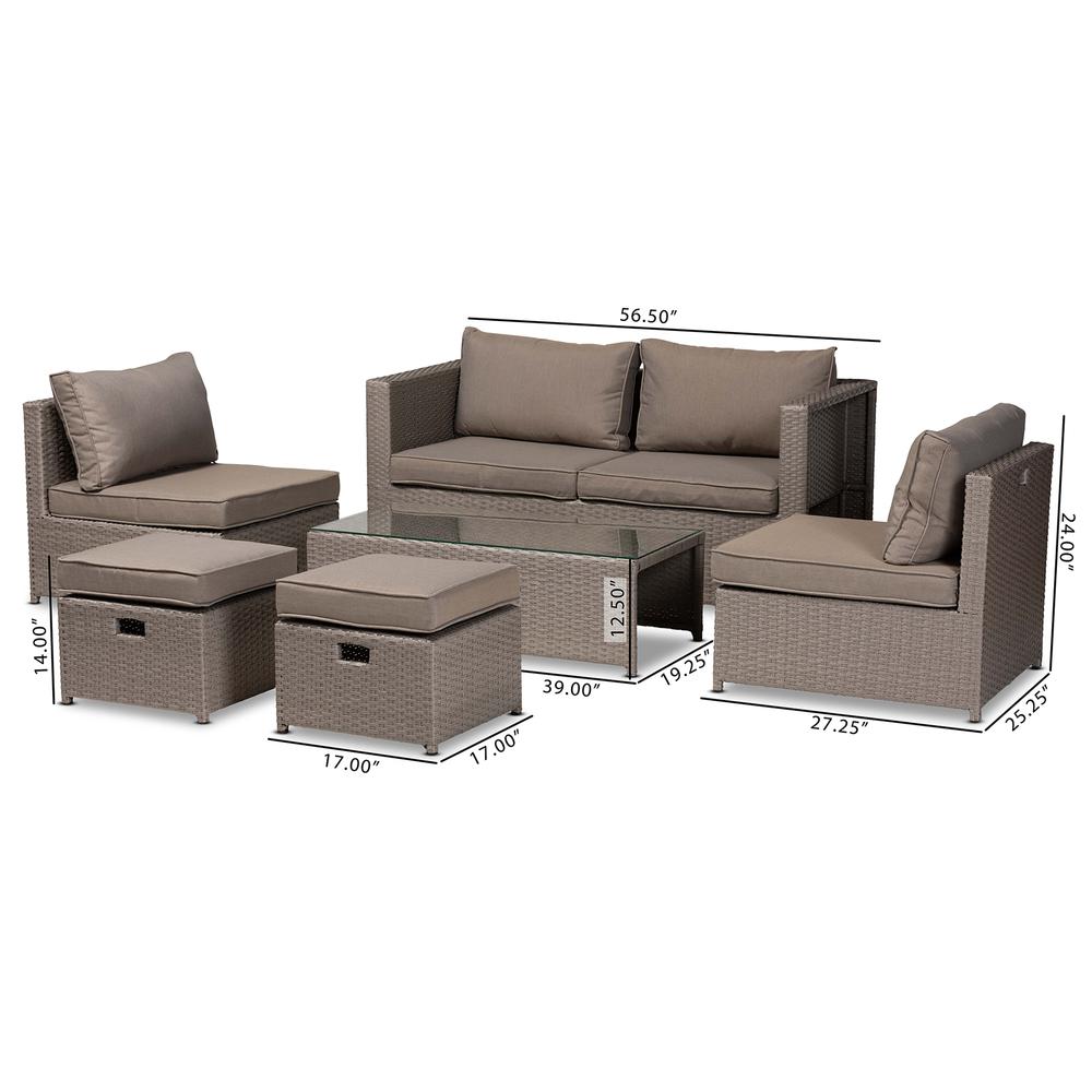 Grey Fabric Upholstered and Grey Finished Synthetic Rattan 6-Piece Patio Set. Picture 16
