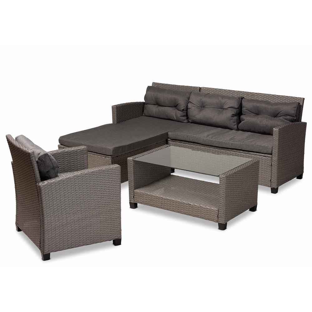 Grey Fabric Upholstered and Grey Synthetic Rattan 4-Piece Patio Set. Picture 11