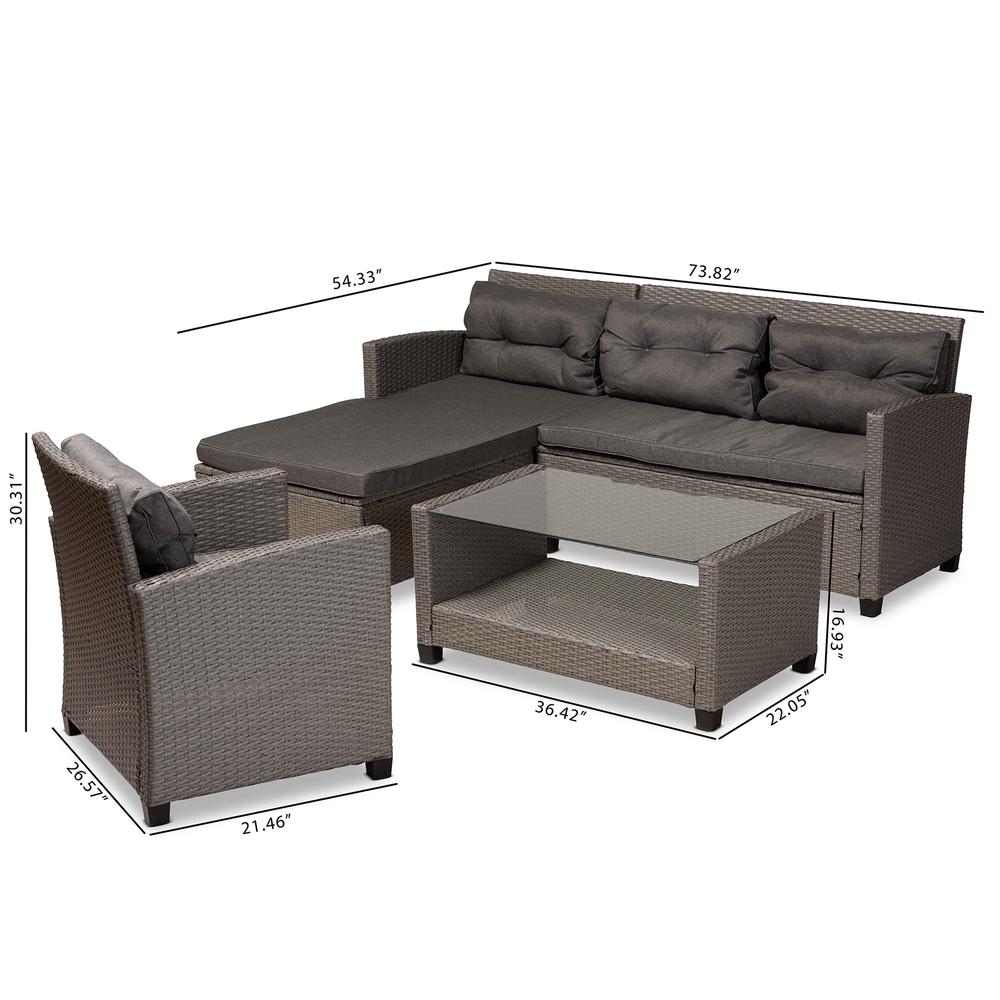 Grey Fabric Upholstered and Grey Synthetic Rattan 4-Piece Patio Set. Picture 20