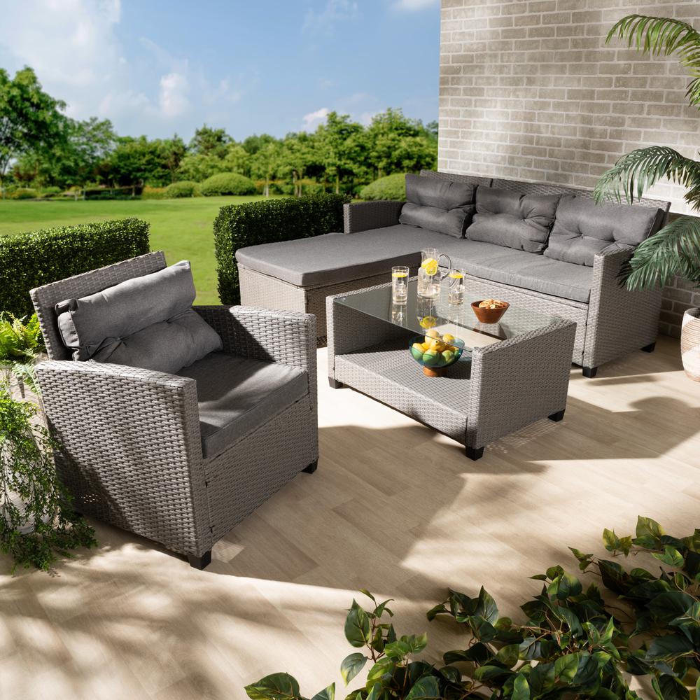 Baxton Studio Darian Modern and Contemporary Grey Fabric Upholstered and Grey Synthetic Rattan 4-Piece Patio Set. Picture 9
