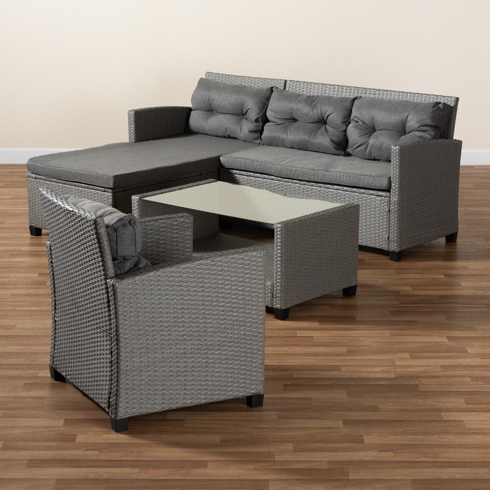 Grey Fabric Upholstered and Grey Synthetic Rattan 4-Piece Patio Set. Picture 19