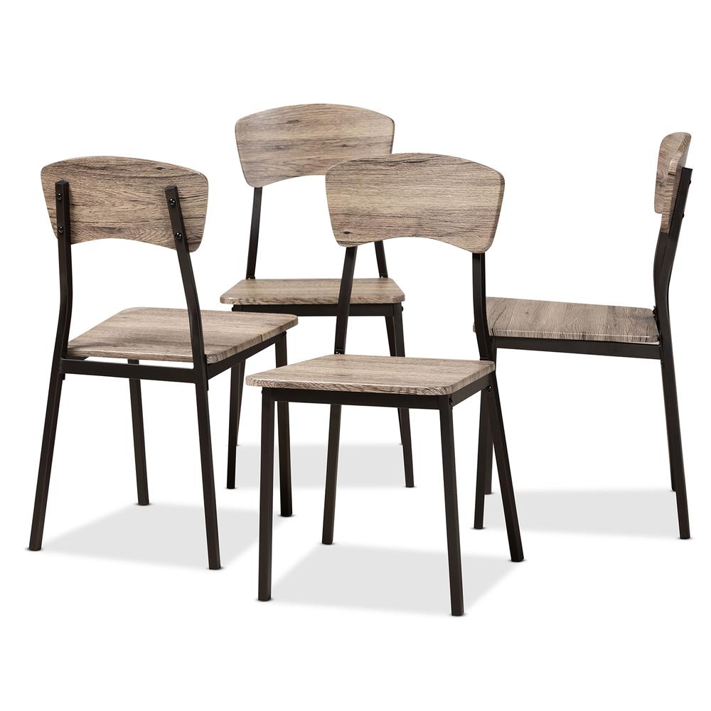 Industrial Oak Brown Finished Wood and Black Metal 4-Piece Dining Chair Set. Picture 9