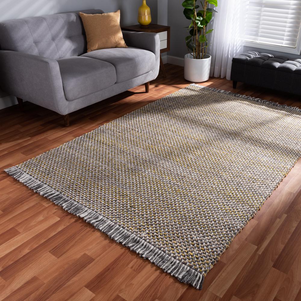 Nurten Modern and Contemporary Yellow and Grey Handwoven Hemp Blend Area Rug. Picture 7