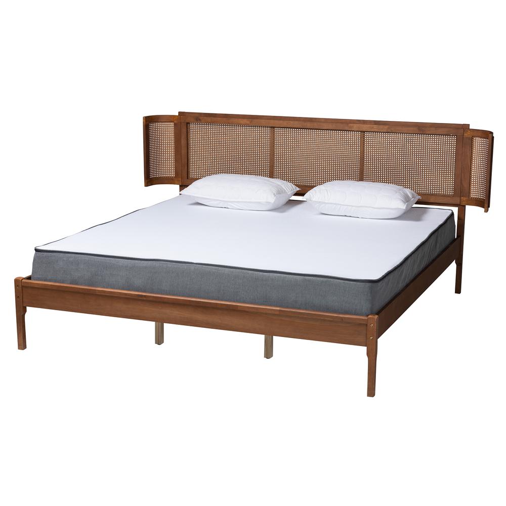 Walnut Brown Finished Wood and Natural Rattan King Size Platform Bed. Picture 10